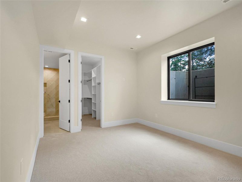 Basement bedroom w walk-in closet.