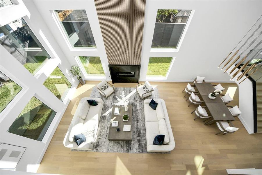 View of the living area from the second floor, highlighting its modern and open design.