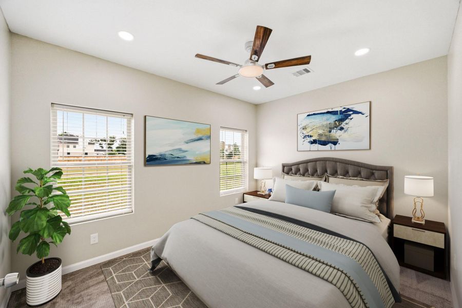 Virtually Staged: This spacious bedroom offers a bright and relaxing atmosphere with soft neutral tones and plush carpeting throughout. Large windows allow abundant natural light to fill the space while providing peaceful outdoor views. Recessed lighting and a modern ceiling fan add both comfort and style, creating a clean and inviting retreat.