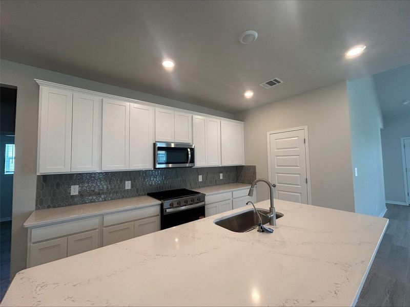 Kitchen with appliances with stainless steel finishes, tasteful backsplash, white cabinets, dark wood-type flooring, and recessed lighting Kitchen with appliances with stainless steel finishes, tasteful backsplash, white cabinets, dark wood-type flooring, and recessed lighting