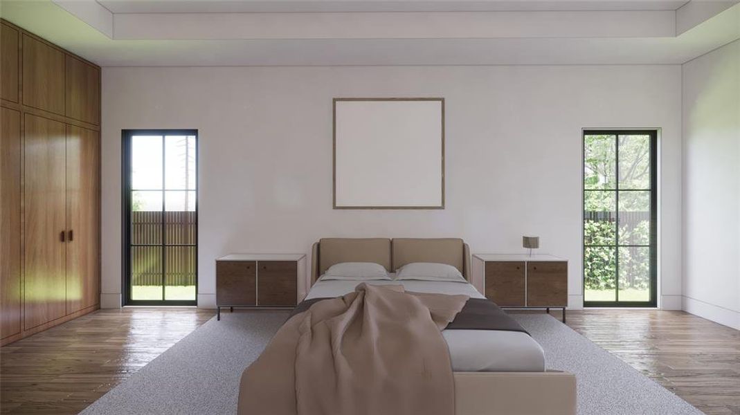 This primary bedroom features sleek, contemporary design