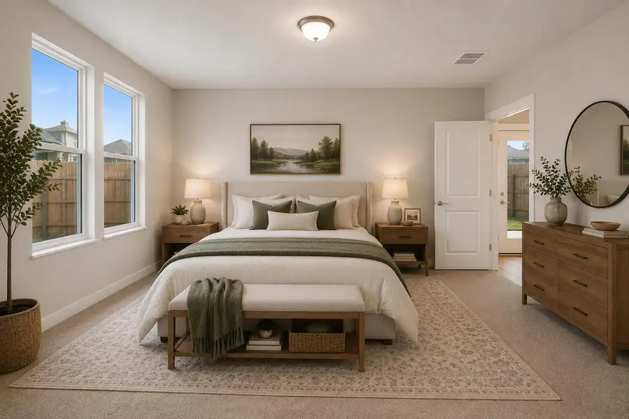 Natural light floods this inviting primary bedroom, offering serene views and ample space for relaxation.