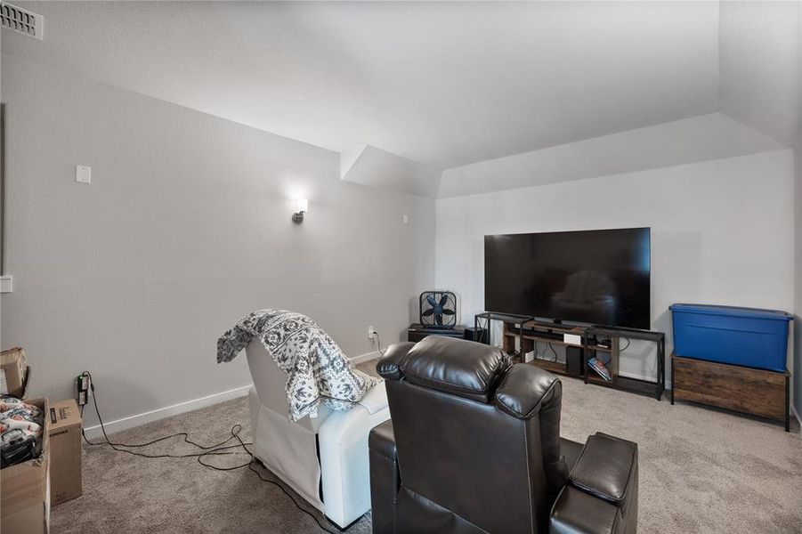 Carpeted living room featuring lofted ceiling