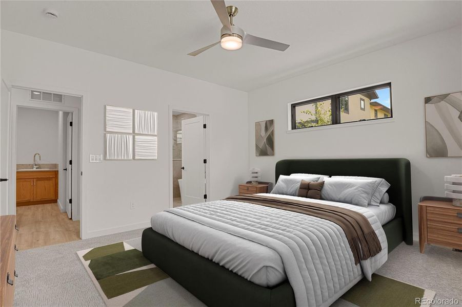 Main level primary suite. Virtually Staged Main level primary suite. Virtually Staged