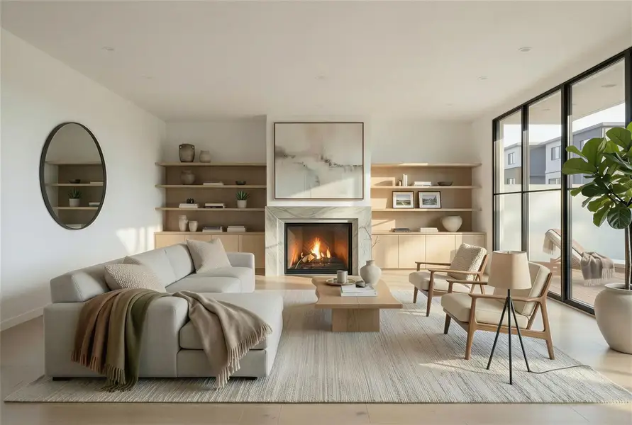 Rendering: Living room with fireplace and large floor to ceiling windows.