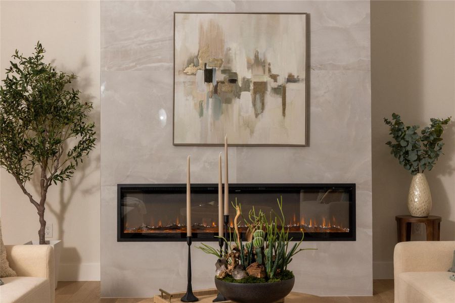 Detailed view of a glass covered fireplace