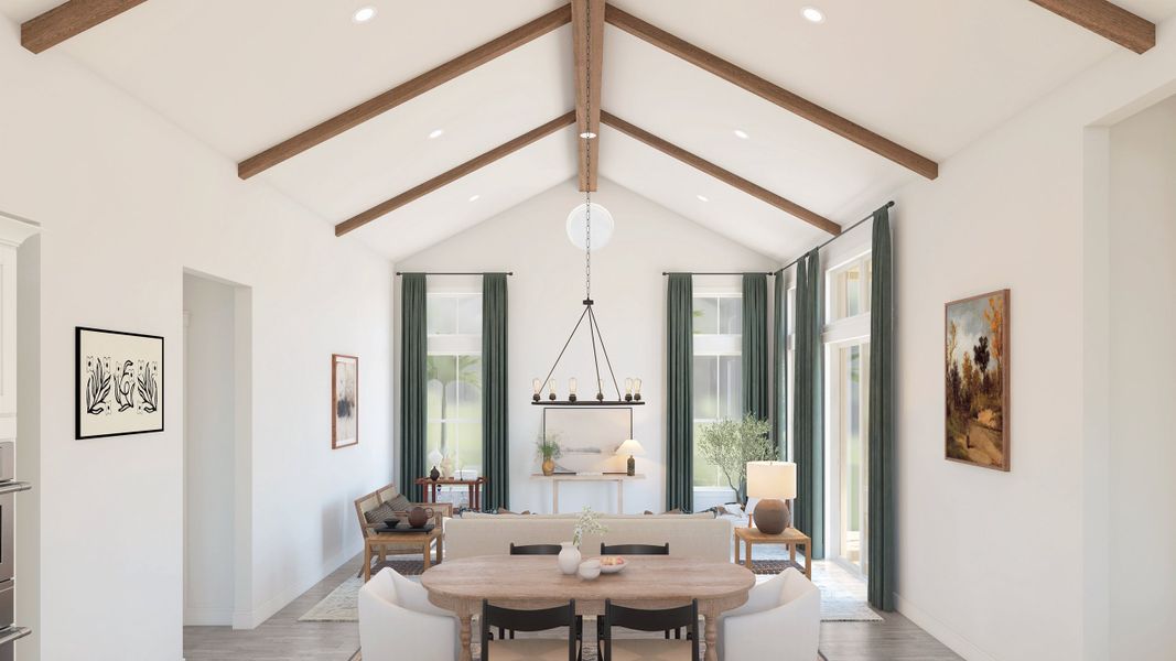 Great room with vaulted ceiling & stained ceiling beams