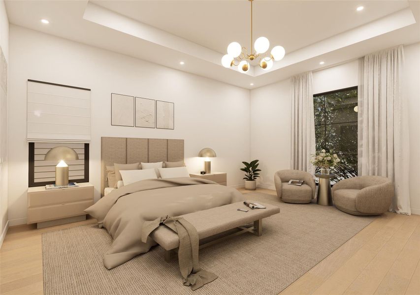 A serene primary suite where soft textures and layered neutrals create an atmosphere of effortless luxury. The tray ceiling and sculptural chandelier elevate the space, while oversized windows invite in natural light for tranquil mornings and peaceful evenings. A serene primary suite where soft textures and layered neutrals create an atmosphere of effortless luxury. The tray ceiling and sculptural chandelier elevate the space, while oversized windows invite in natural light for tranquil mornings and peaceful evenings.