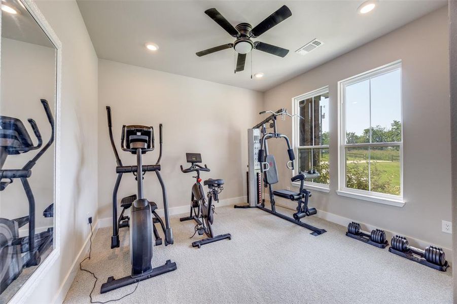 Workout room featuring recessed lighting, carpet floors, and ceiling fan