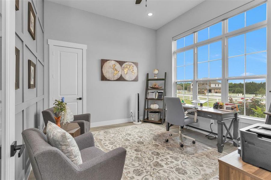 Inside the study is a closet and modern design wall.