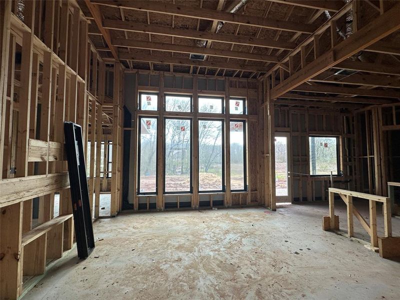 Wall of windows at Family room.