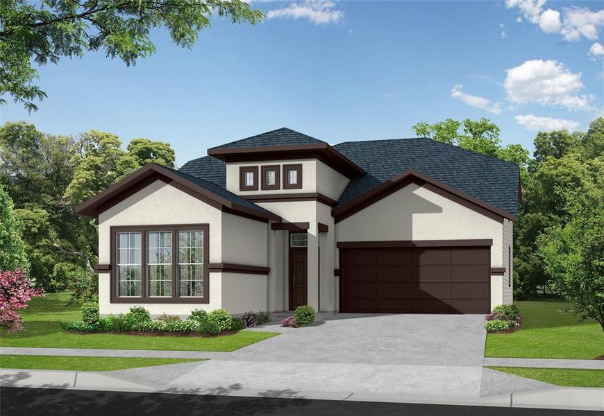 The ARMSTRONG PLAN BY NEWMARK HOMES features a stucco elevation, adding a touch of modern elegance to its exterior design. This architectural detail enhances the home's curb appeal and contributes to its overall aesthetic charm.