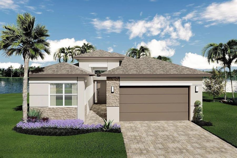 Front exterior of a new home in Valencia Ridge, Wesley Chapel, FL, highlighting curb appeal (Image 1).