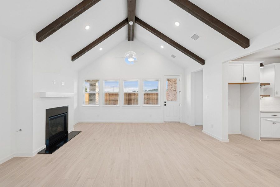 Open great room with fireplace