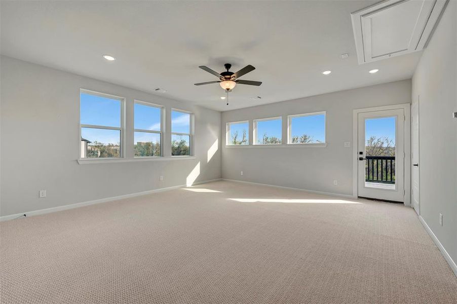Unfurnished room with light carpet, recessed lighting, and a ceiling fan Unfurnished room with light carpet, recessed lighting, and a ceiling fan