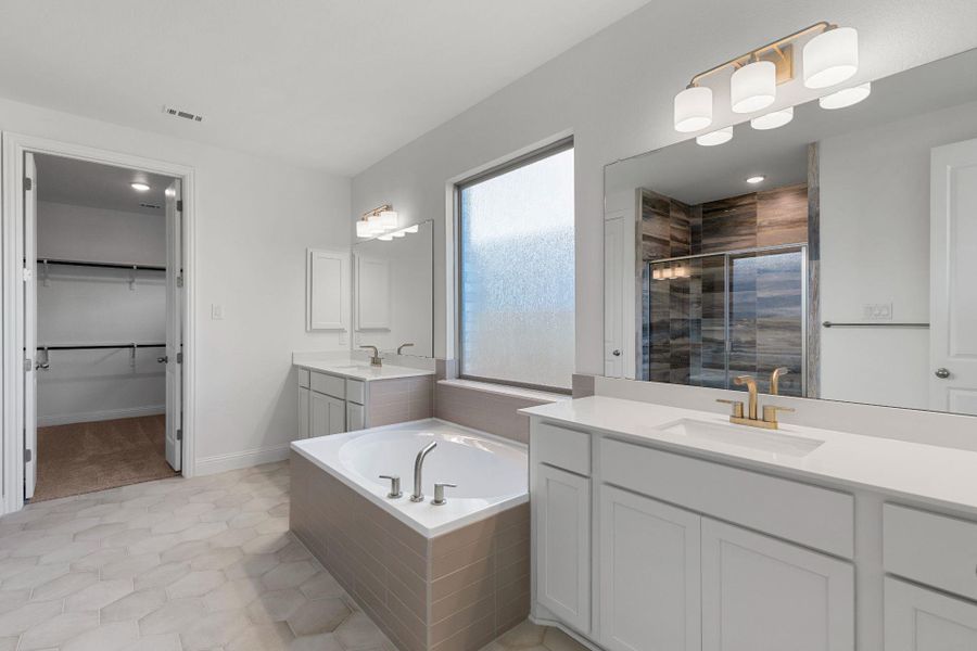 Primary Bath retreat with dual vanities & garden tub