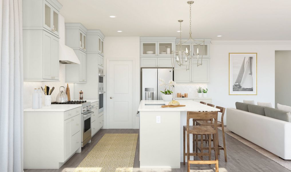 Glass upper cabinets and pendant lighting in the kitchen