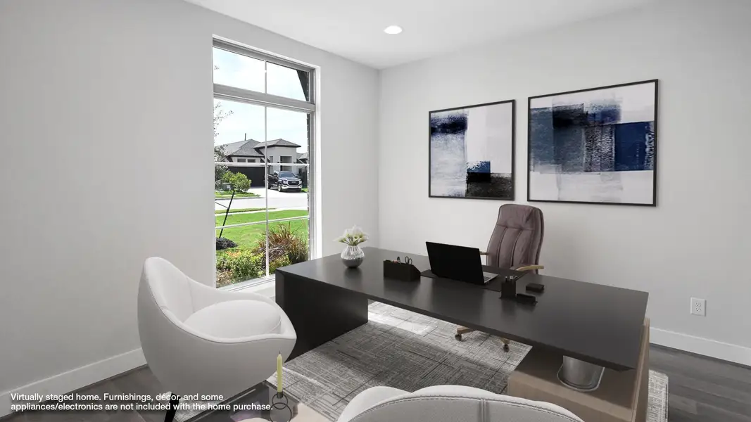 Office space featuring dark wood-style floors and recessed lighting