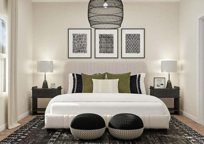 Rendering of the master suite with a
window, carpeted flooring covered by a black-and-white rug, large bed and two
nightstands. Rendering of the master suite with a
window, carpeted flooring covered by a black-and-white rug, large bed and two
nightstands.