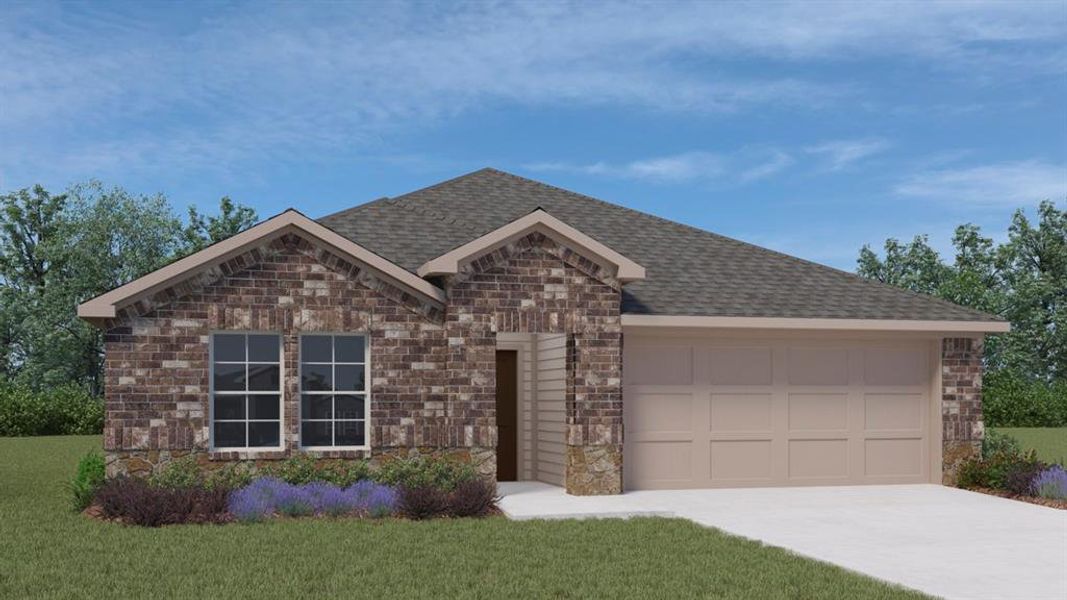 View of front of home with a front lawn, concrete driveway, roof with shingles, stone siding, and an attached garage