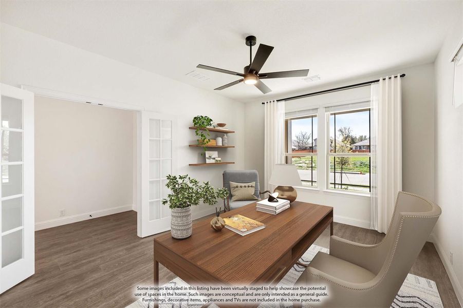Home office with hardwood floors, ceiling fan, floating shelves, and French doors