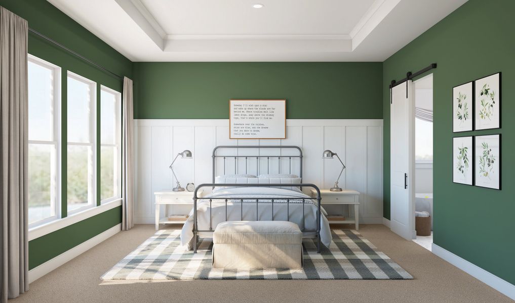 Primary suite with decorative feature wall Primary suite with decorative feature wall