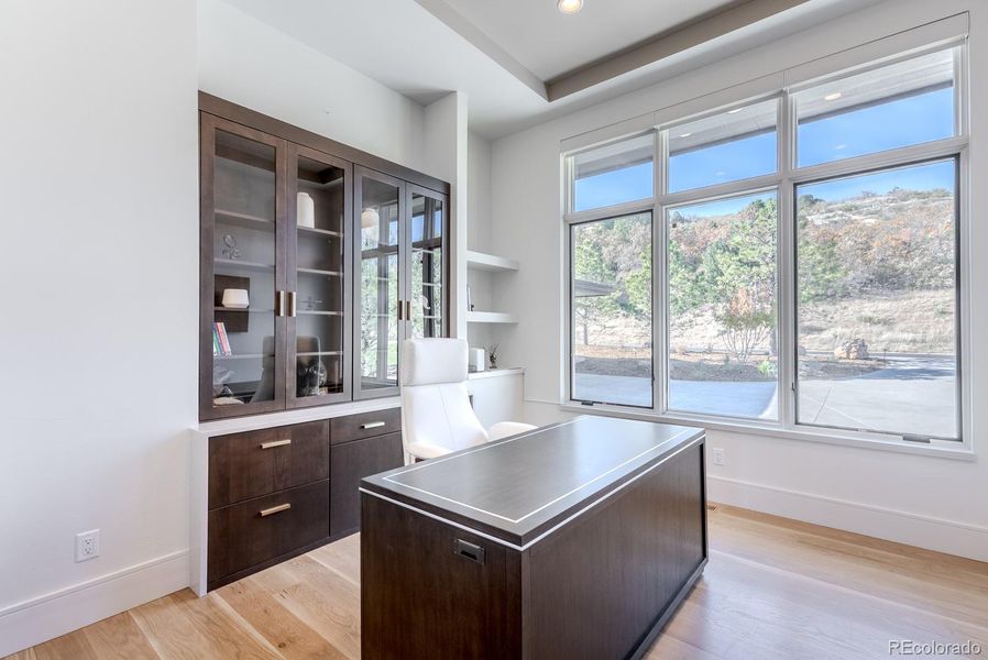 Thoughtfully tucked away for focus, the office frames views of the natural landscape just beyond its expansive glass. A custom built-in bookcase cabinet trimmed with a quartz waterfall provides a refined anchor—functional sculpture for a modern workspace.