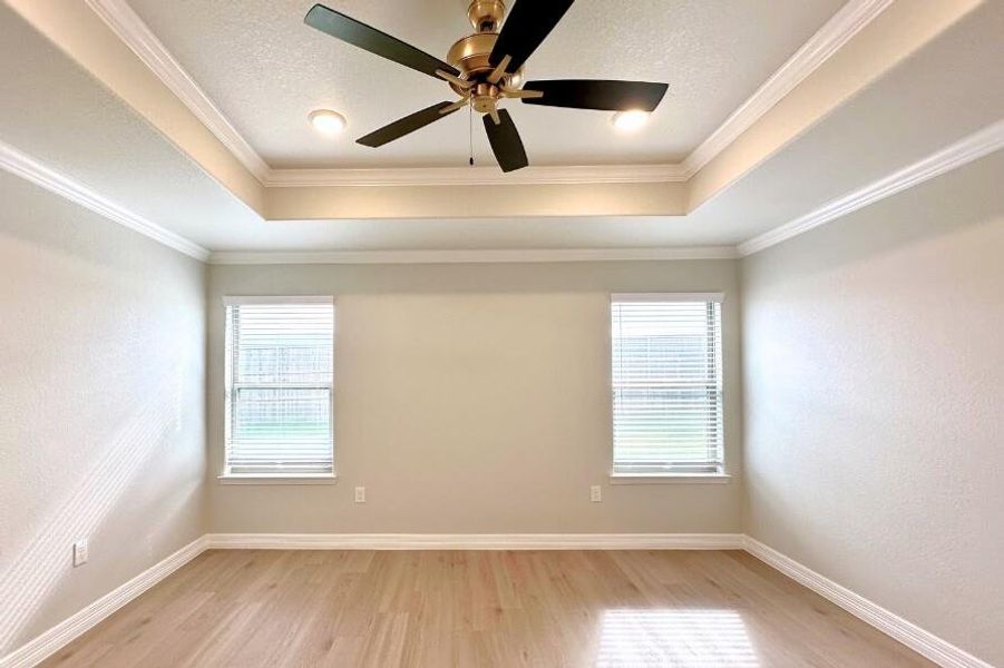 Unfurnished room with plenty of natural light, ornamental molding, a textured wall, a raised ceiling, and light wood-type flooring