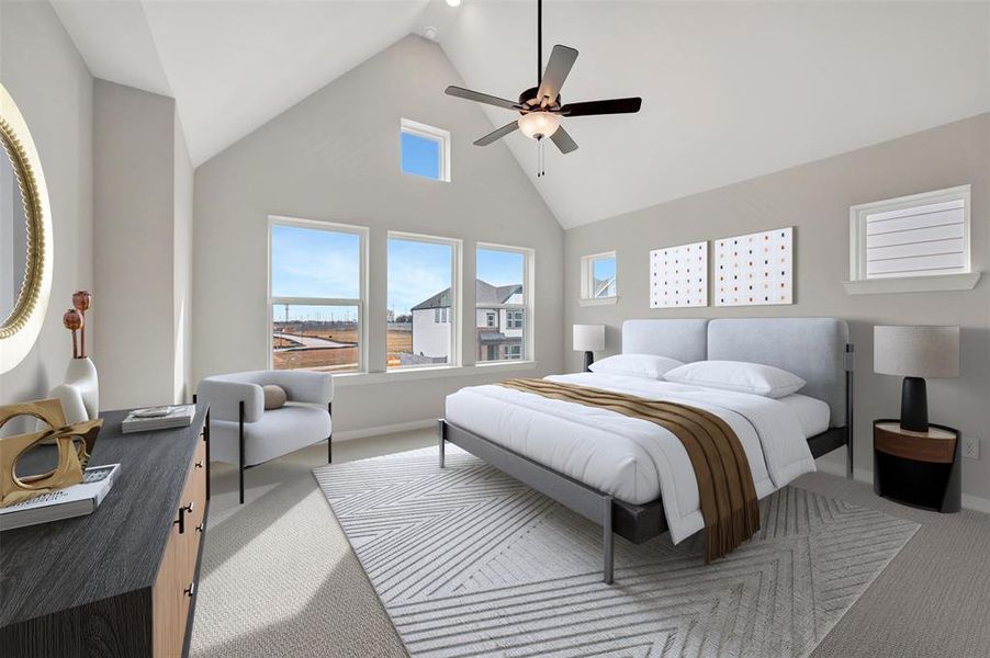 Bedroom featuring a high ceiling, ceiling fan, and carpet