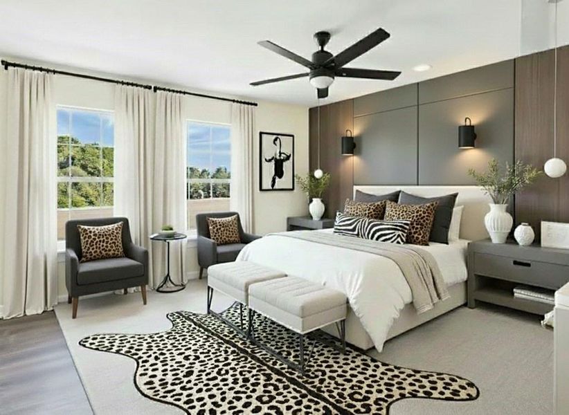 After photo featuring ceiling fan and light wood finished floors