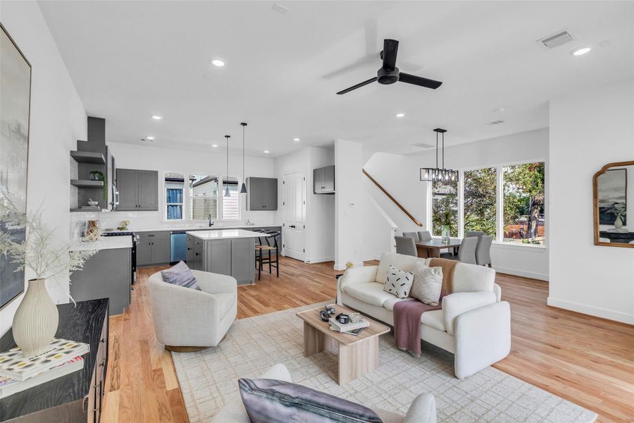A view of the main living space. The kitchen, dining, and living spaces flow together well. A view of the main living space. The kitchen, dining, and living spaces flow together well.