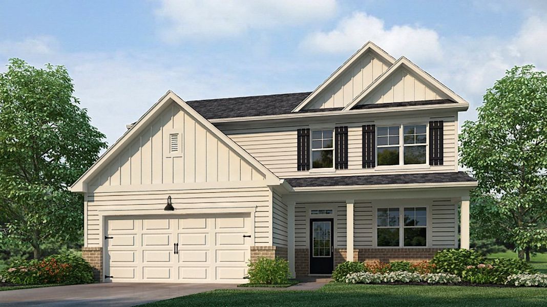 Representative exterior photo of a completed home built from the Elle by D.R. Horton in Fairway 17 at Mirror Lake, Villa Rica, GA (Image 25). Representative exterior photo of a completed home built from the Elle by D.R. Horton in Fairway 17 at Mirror Lake, Villa Rica, GA (Image 25).