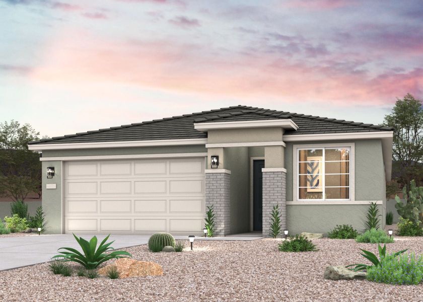 Front exterior of a new home in Montaña Vista, Buckeye, AZ, highlighting curb appeal (Image 1). Front exterior of a new home in Montaña Vista, Buckeye, AZ, highlighting curb appeal (Image 1).