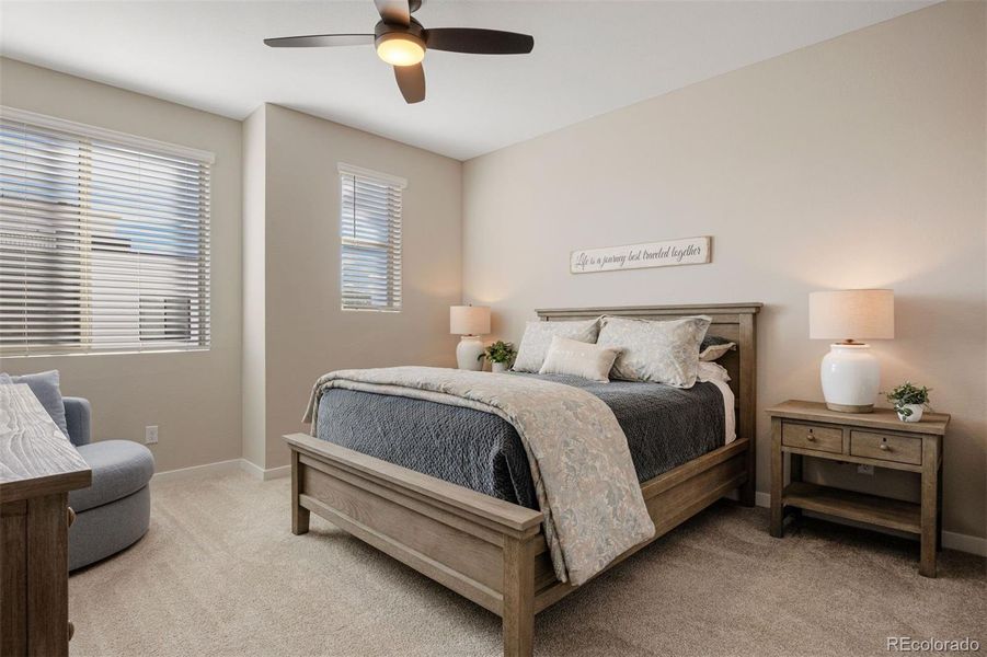 Upper level primary suite offering generous proportions, soft natural light, plush carpet and a spacious en suite bathroom.