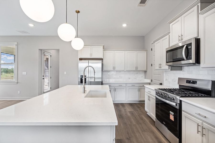 Expansive kitchen island with an integrated sink, white cabinetry, stainless steel appliances, and wood-finish flooring