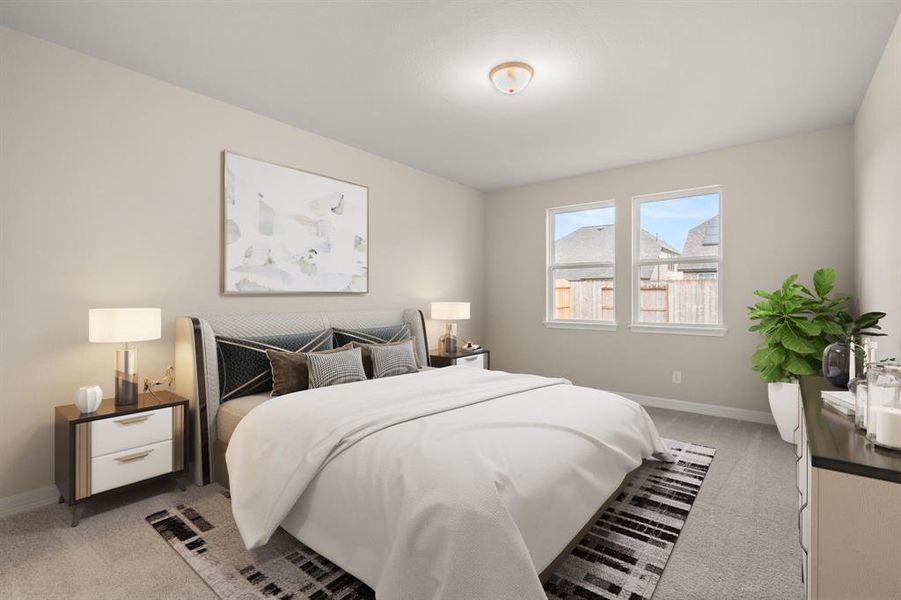 The primary bedroom is generously sized, creating a tranquil and spacious retreat that offers ample room for relaxation. Featuring plush carpet, high ceilings, fresh paint, and large windows that lets in natural lighting throughout the day.