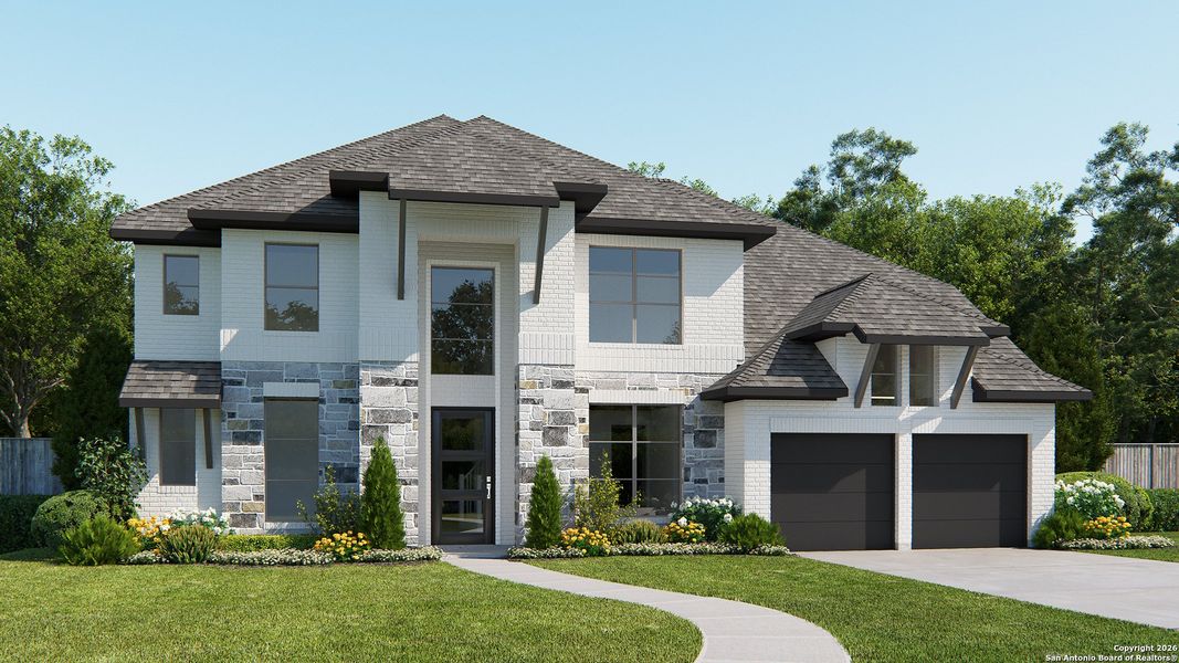 Front exterior of a new home in Johnson Ranch 70', Bulverde, TX, highlighting curb appeal (Image 2).