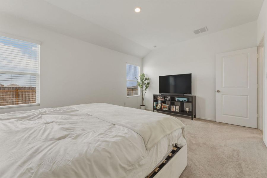 The room features light-colored carpet, two windows with blinds, and white walls