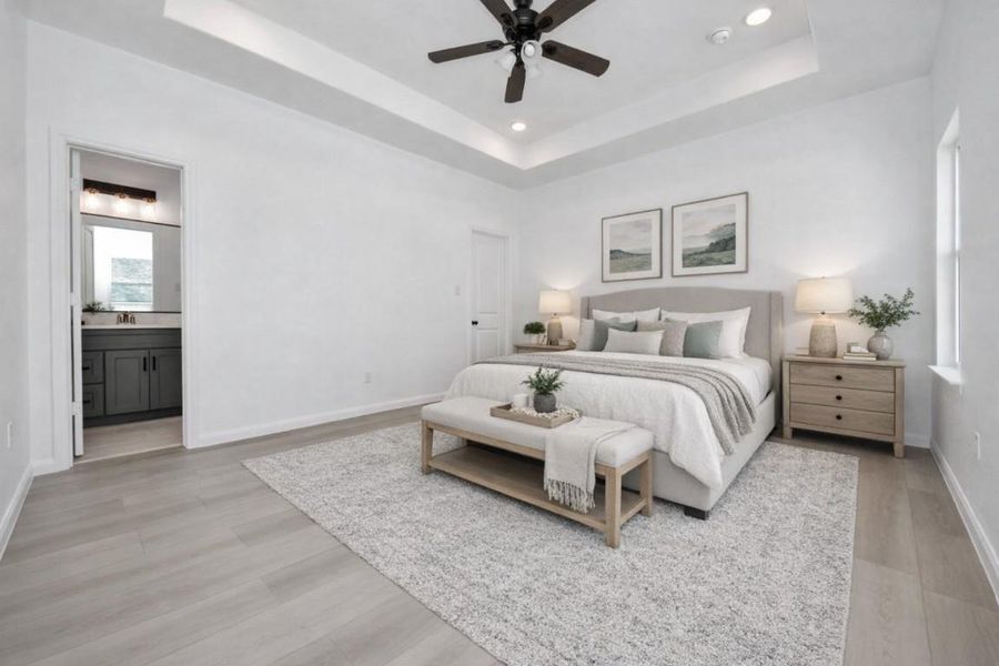 over size high ceiling plenty of space and  lots of natural light primary bedroom