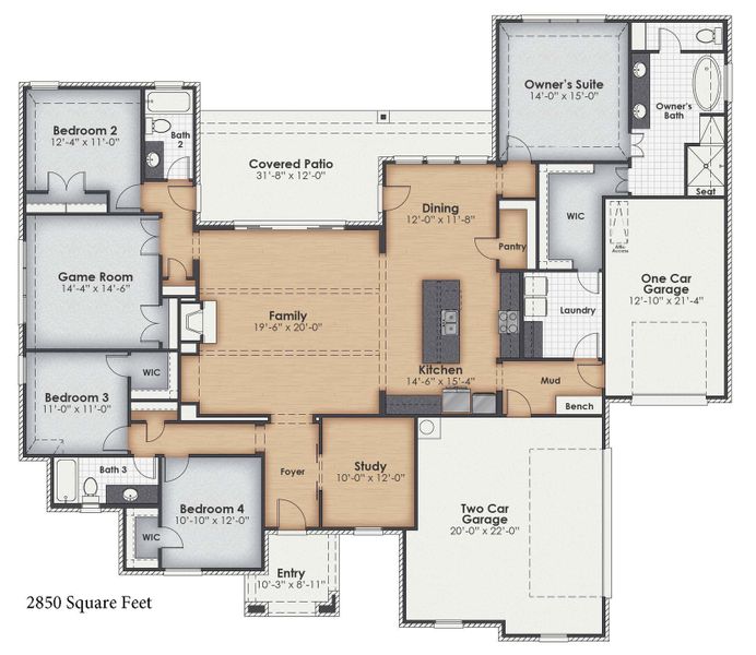 2D floor plan layout for the The San Antonio by Kenmark Homes in Paloma Ranches, Justin, TX (Image 1). 2D floor plan layout for the The San Antonio by Kenmark Homes in Paloma Ranches, Justin, TX (Image 1).