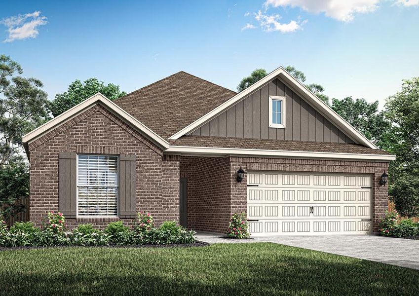 A rendering of the Oak floor plan with a covered patio and shutters