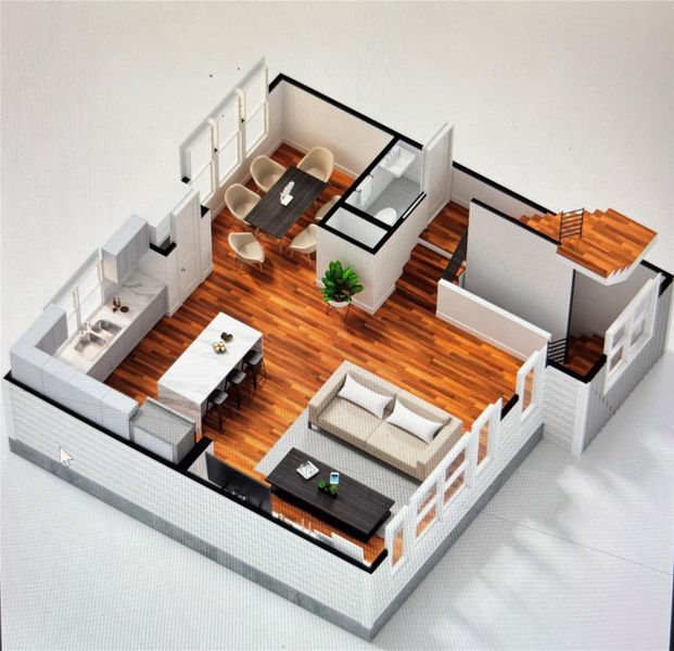 2nd Floor rendering- Living, dining, kitchen, half bath 2nd Floor rendering- Living, dining, kitchen, half bath