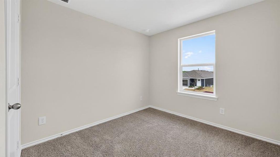 Neutral tone wall paint, textured carpet flooring, baseboard trim, and a white framed window
