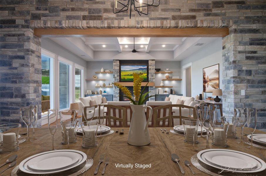 View from Kitchen through Dining Room to Living Room. Notice the white oak floating shelving with incorporated lighting and the white oak mantle above the fireplace. View from Kitchen through Dining Room to Living Room. Notice the white oak floating shelving with incorporated lighting and the white oak mantle above the fireplace.