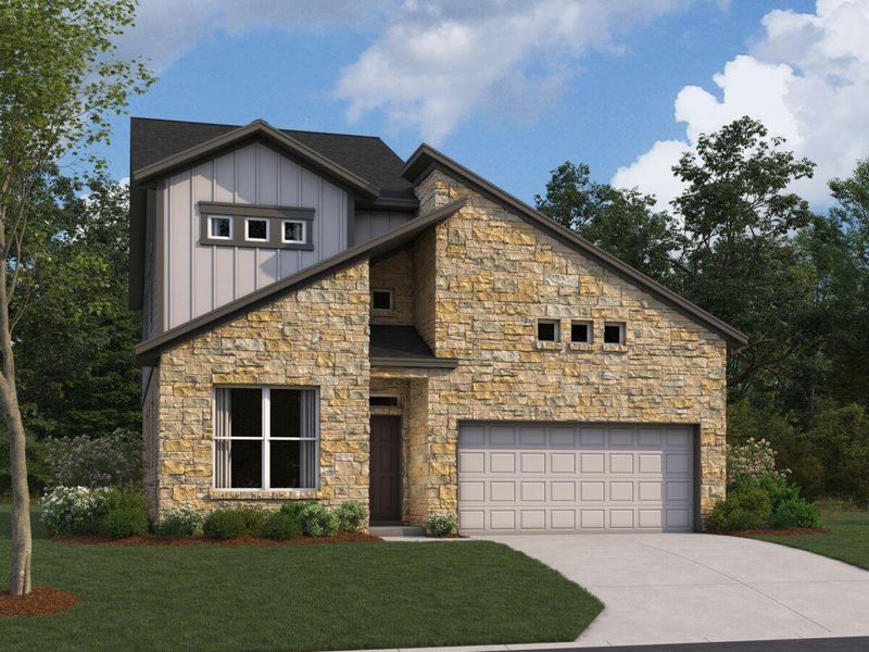 Front exterior of a new home in Cedar Brook, Leander, TX, highlighting curb appeal (Image 1). Front exterior of a new home in Cedar Brook, Leander, TX, highlighting curb appeal (Image 1).