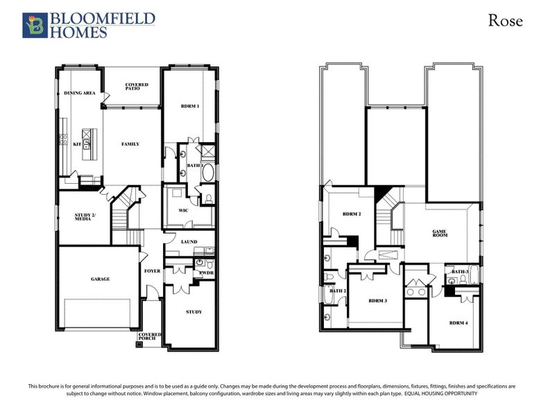 Bloomfield Homes "Rose" two-story floor plan with four bedrooms, game room, study, and two-car garage.