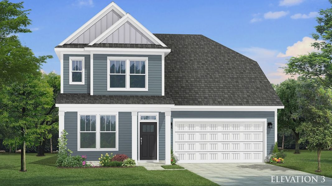Two-story single family home with blue siding, a covered front porch and 2 car garage.