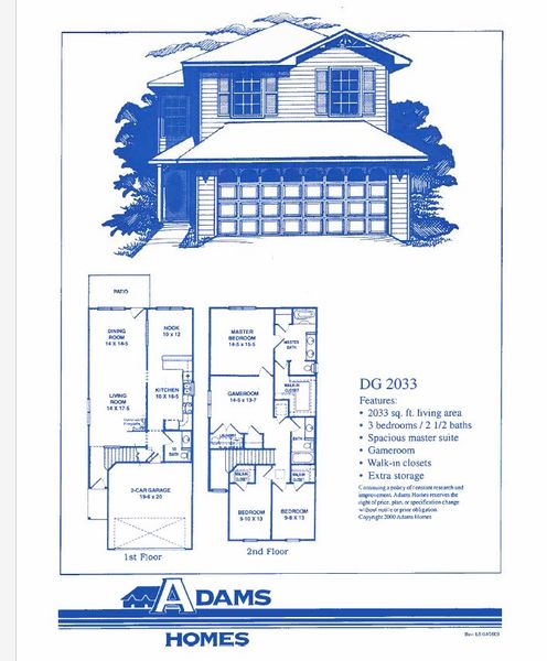 2D floor plan layout for the Plan 2033 by Adams Homes in The Bluffs at Lafayette, Freeport, FL (Image 2).