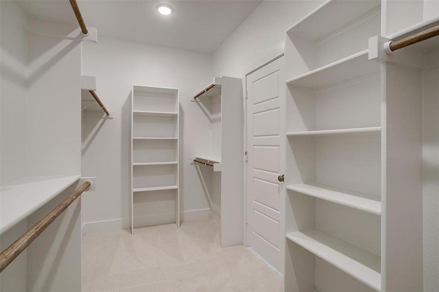 Walk in closet featuring light carpet