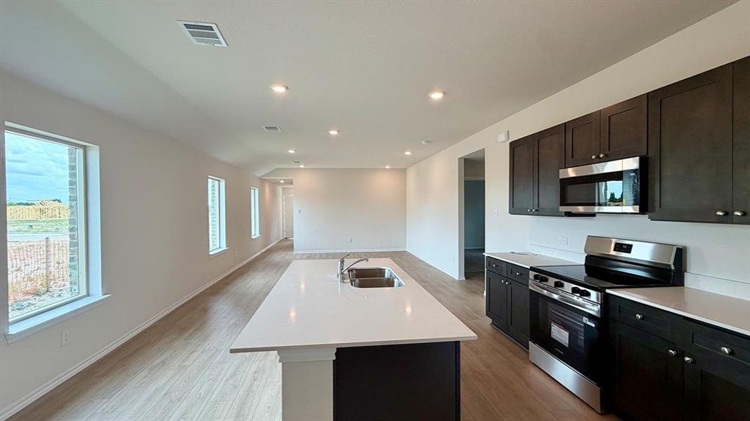Open-concept kitchen featuring an island with an undermount sink, stainless steel appliances, dark wood-finish cabinetry, and recessed lighting
